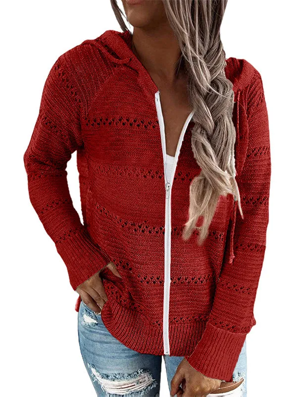 Drawstring Hollow Split-Side Zipper Long Sleeves Loose Round-Neck Knitwear Cardigan Tops