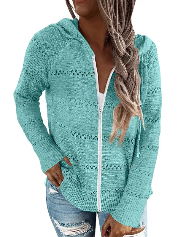 Drawstring Hollow Split-Side Zipper Long Sleeves Loose Round-Neck Knitwear Cardigan Tops