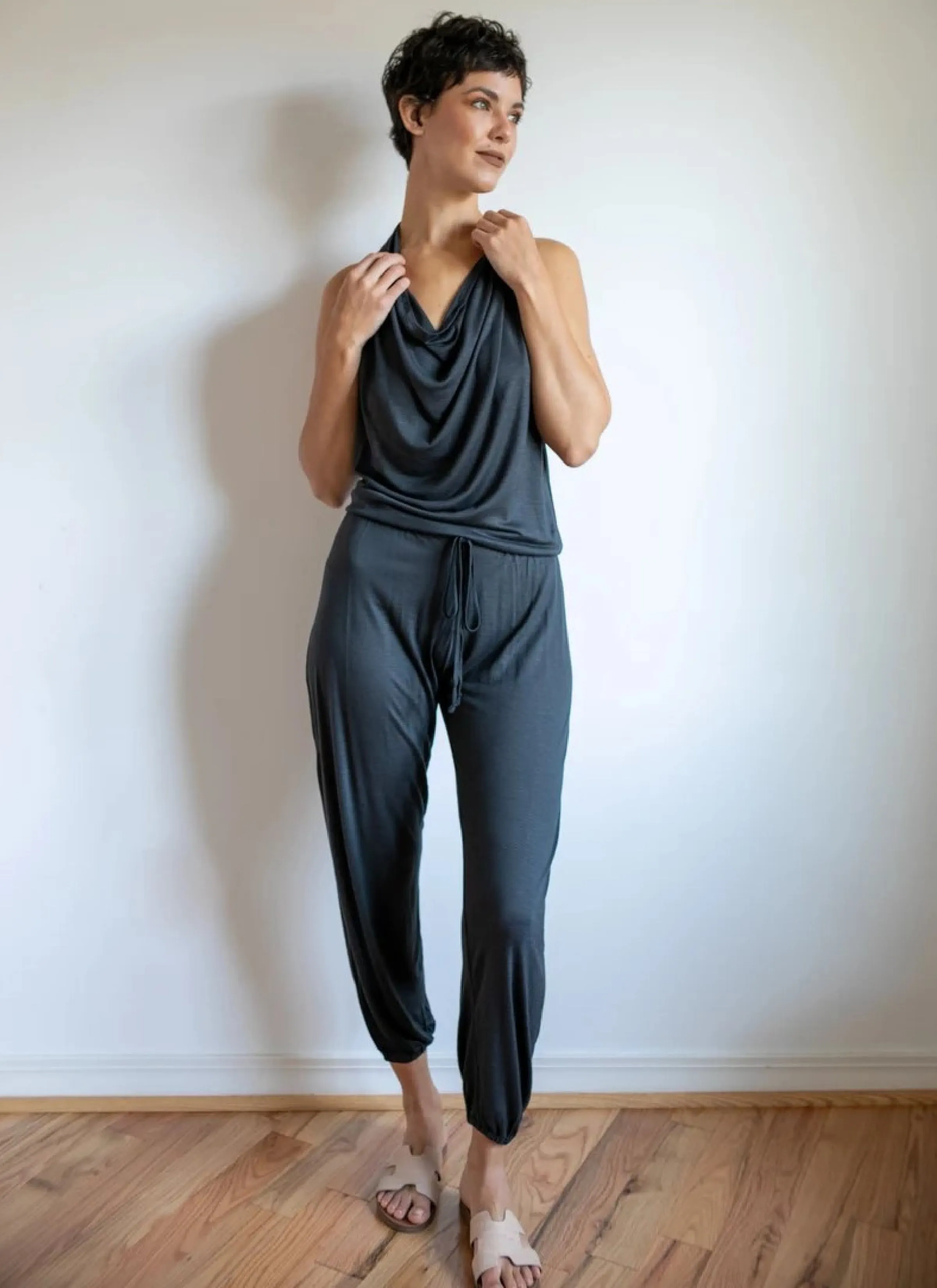 Evelina Backless Yoga Jumpsuit Onesie in Smoky Pearl