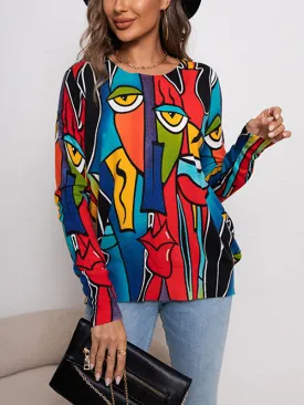 Figure Printed Long Sleeves Loose Round-Neck Sweater Tops Pullovers Knitwear