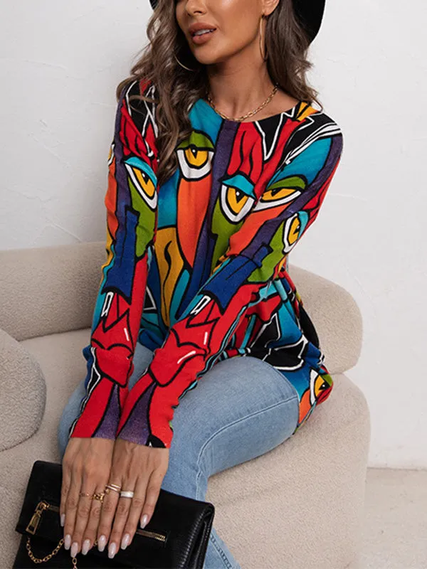 Figure Printed Long Sleeves Loose Round-Neck Sweater Tops Pullovers Knitwear