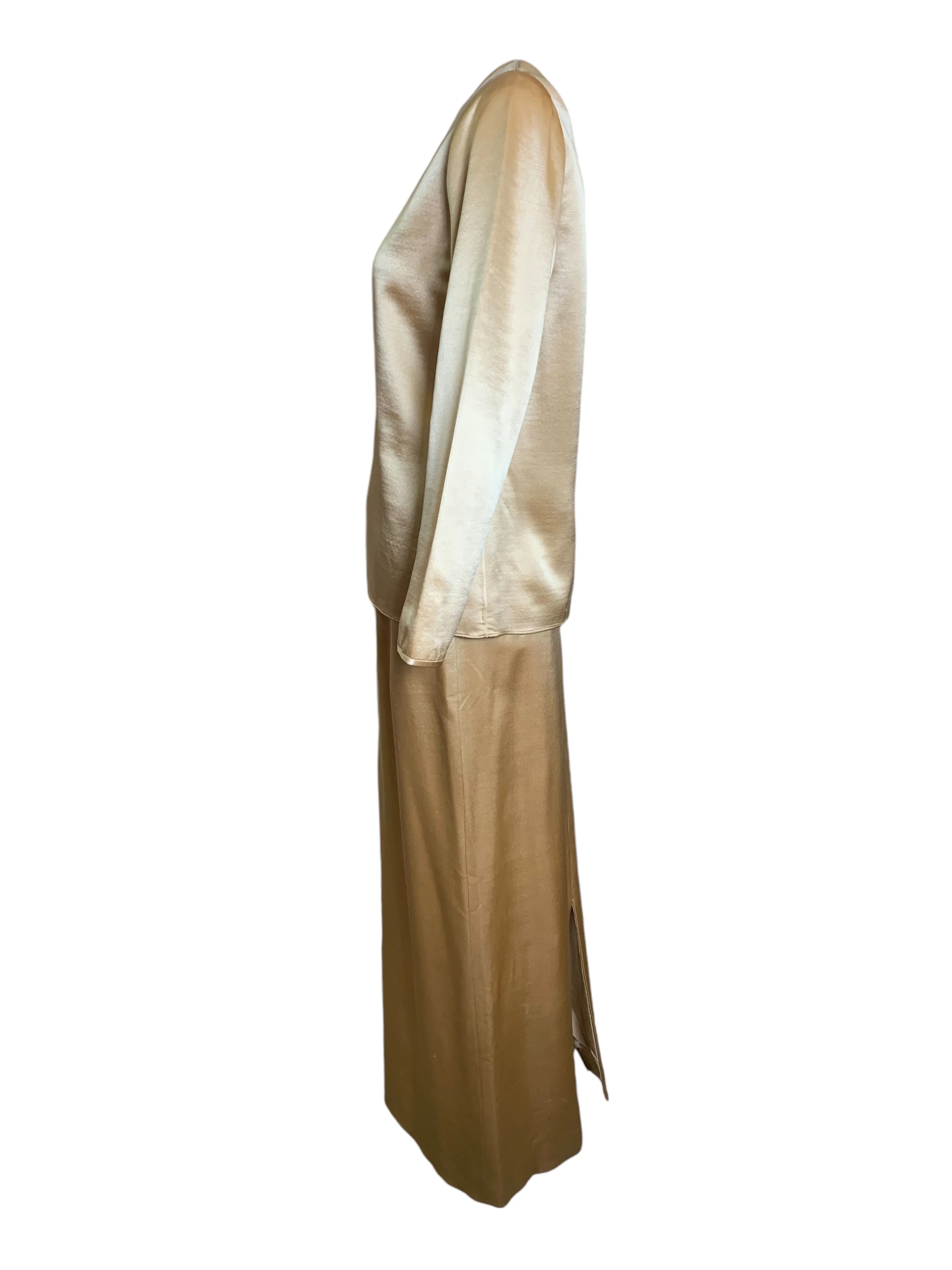 Geoffrey Beene Gold Silk Satin Monastic Blouse   Skirt Ensemble