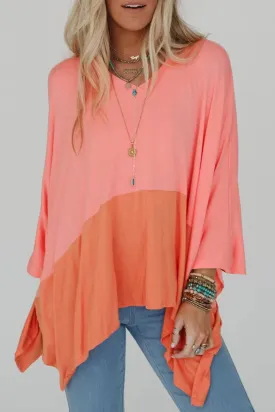 Grapefruit Orange Colorblock V Neck Slits Oversized Top