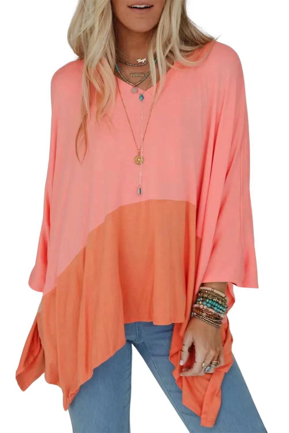 Grapefruit Orange Colorblock V Neck Slits Oversized Top