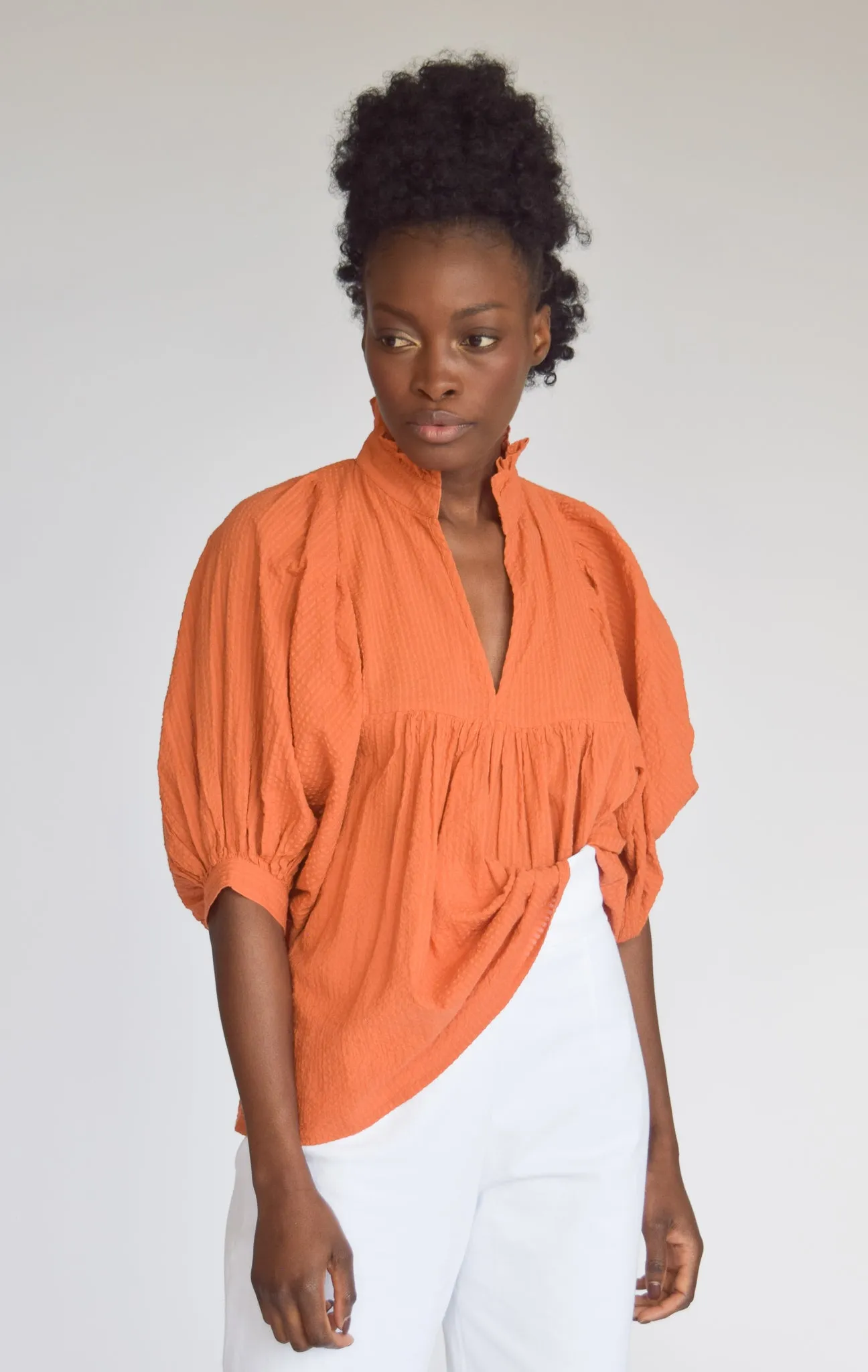 High Neck Top Burnt Orange Seersucker