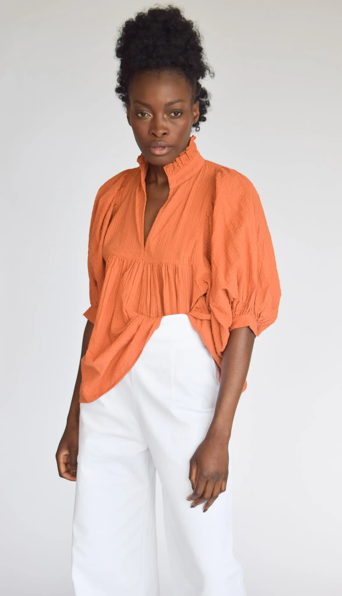 High Neck Top Burnt Orange Seersucker