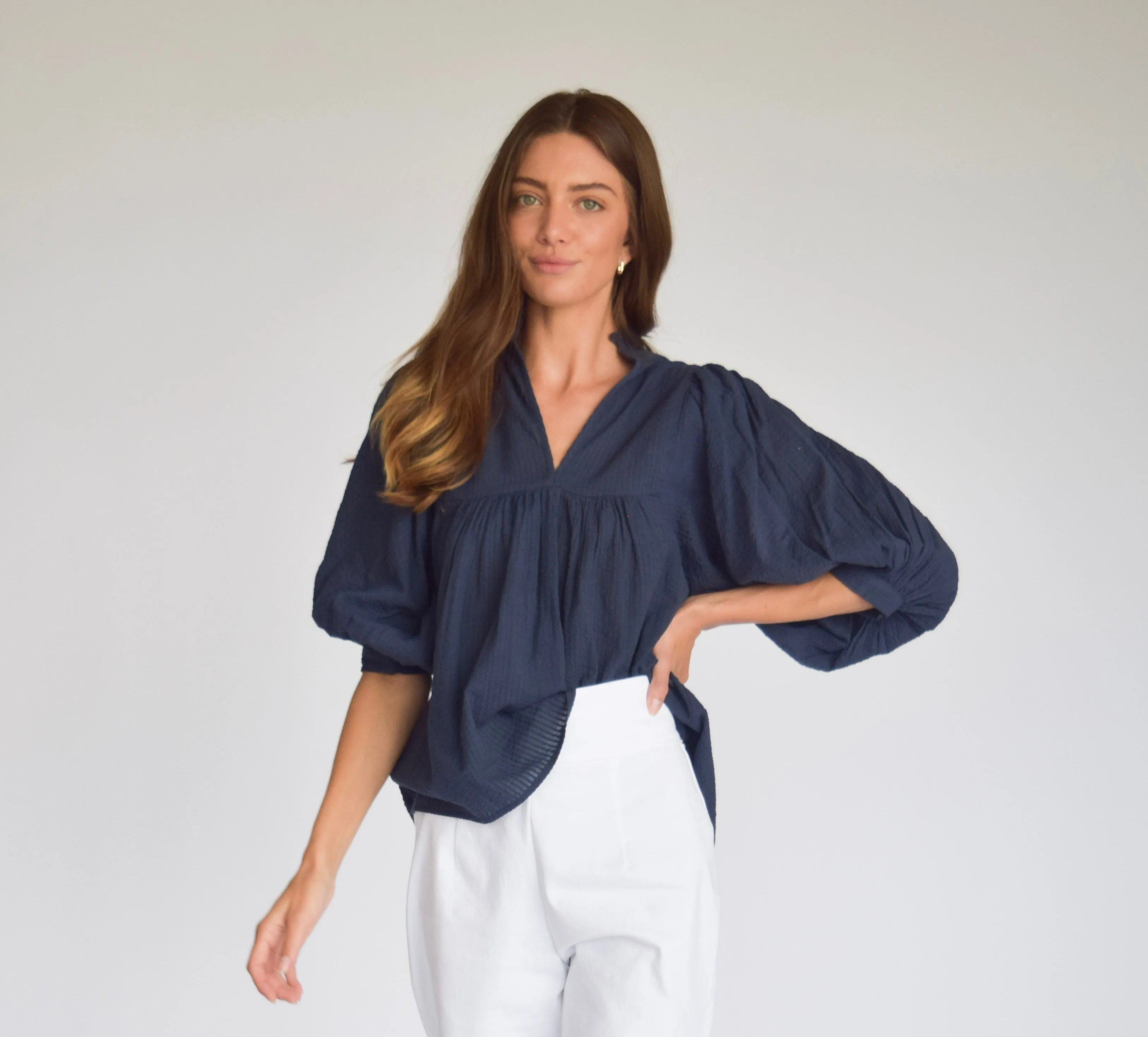 High Neck Top Navy Seersucker