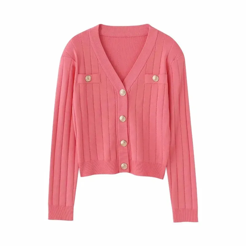 High Quality Ladies Fashion Spring Vintage Elegant Sweet Cute Button V-Neck Stretch Thick Viscose Knitted Cardigan Sweater C-117