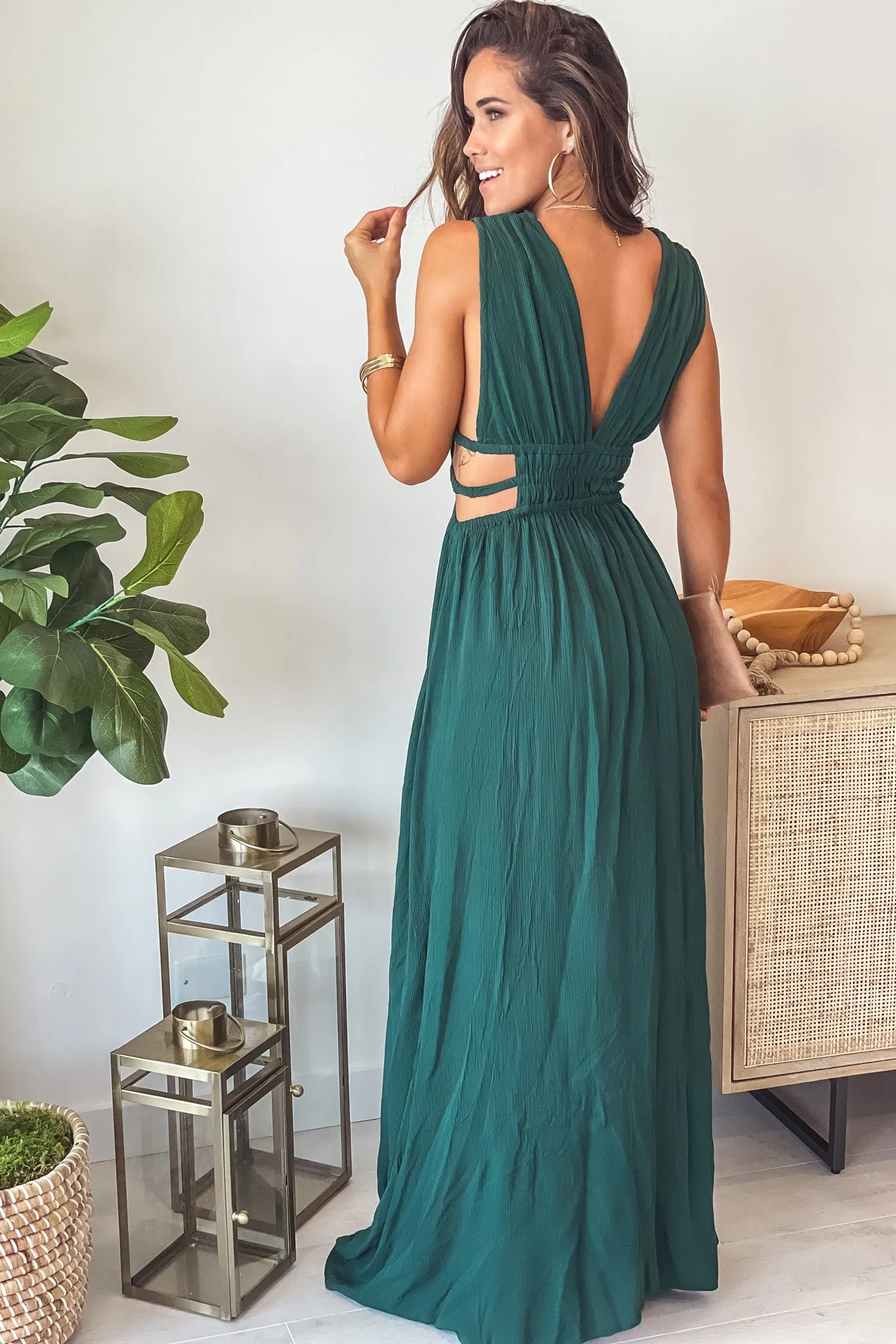 Hunter Green V-Neck Maxi Dress With Cut Out And  Slit