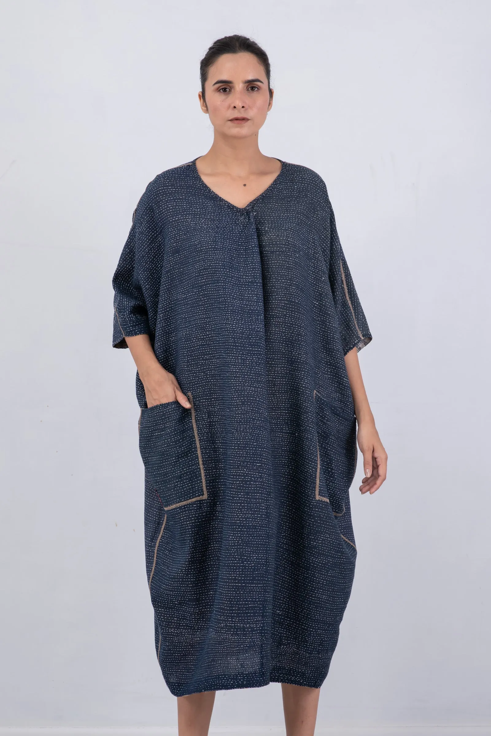 INDONESIAN PRINT VINTAGE INDIGO BACKING KANTHA DOLMAN MAXI - bi2440-blu -