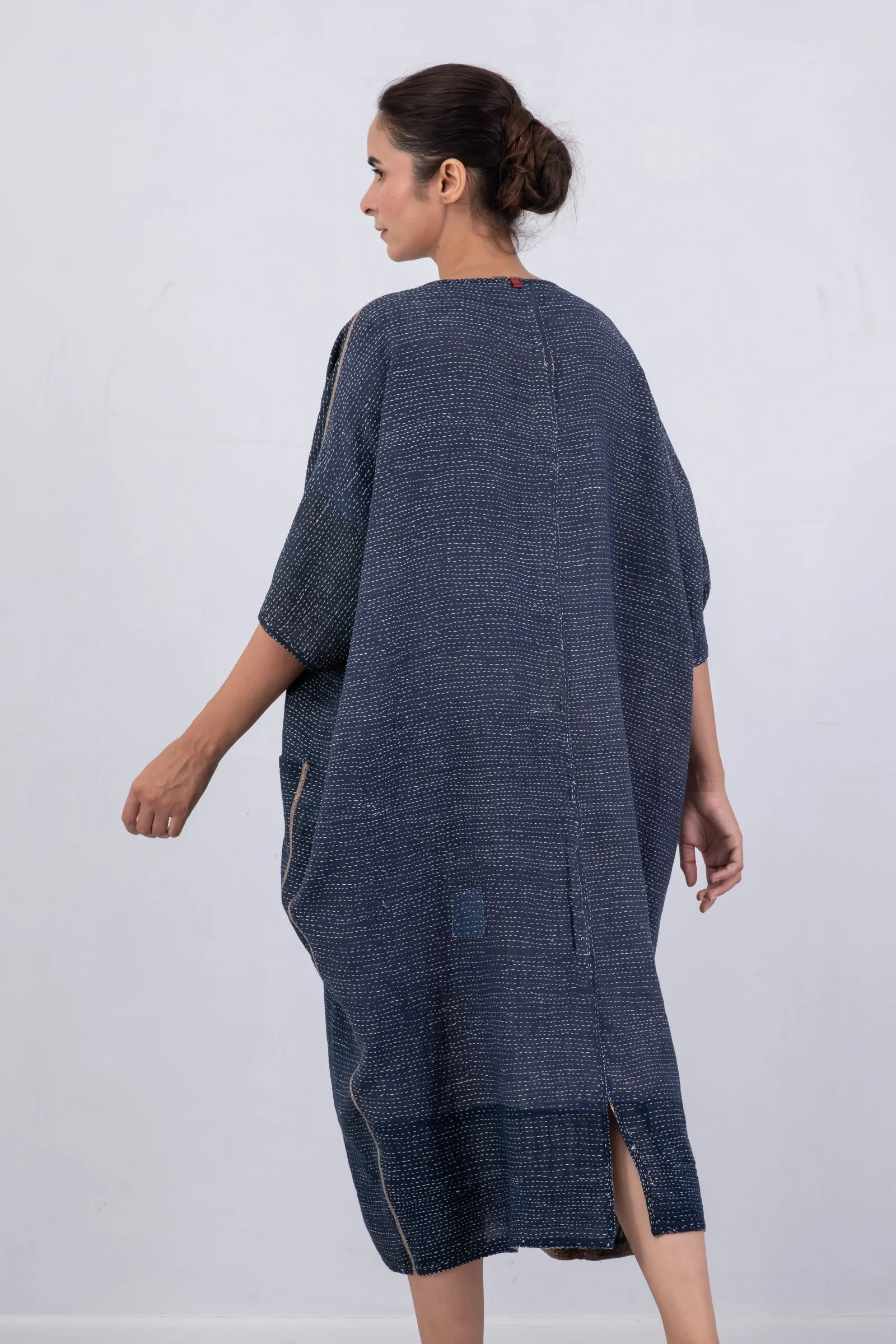 INDONESIAN PRINT VINTAGE INDIGO BACKING KANTHA DOLMAN MAXI - bi2440-blu -