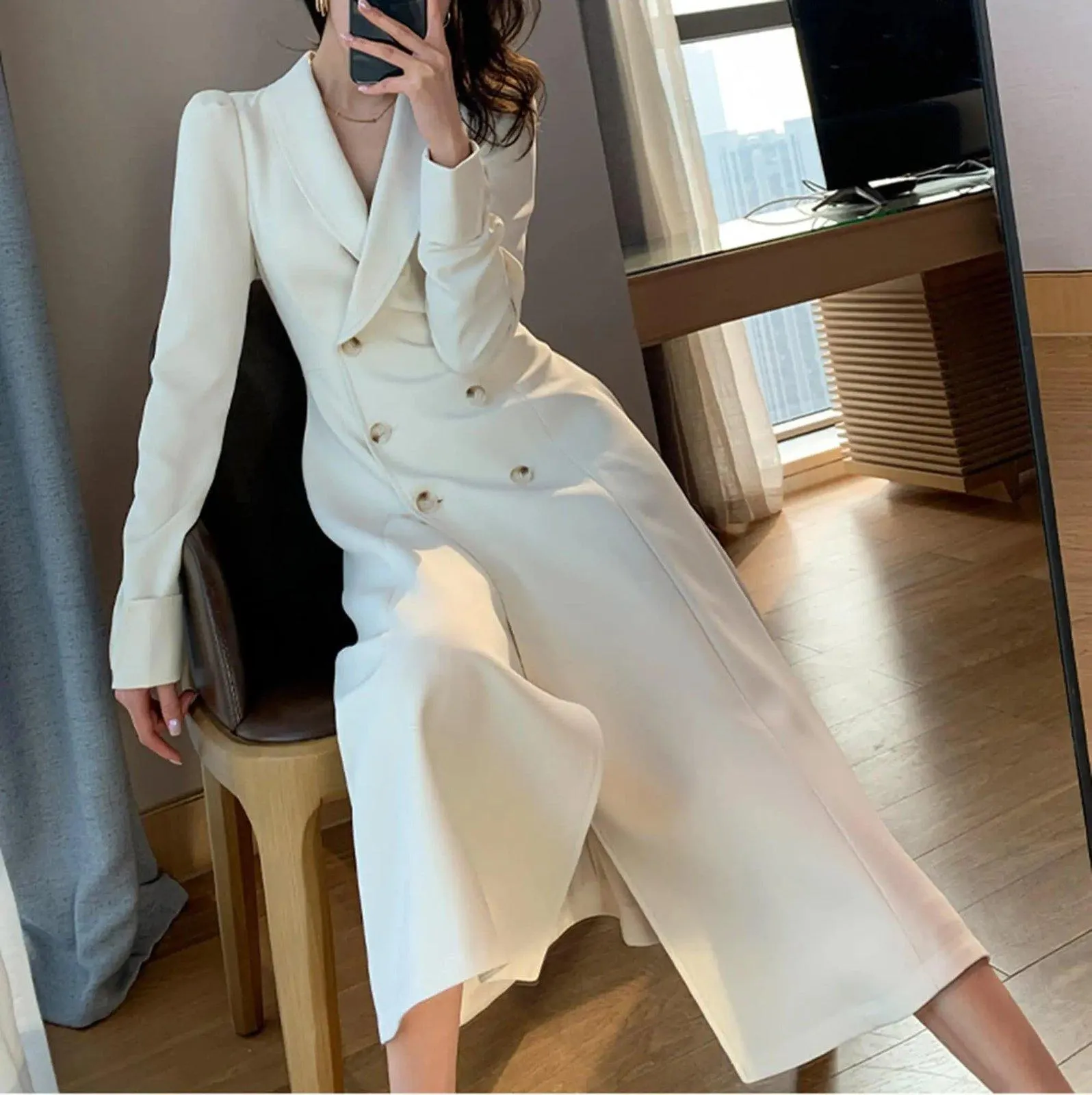 Ivory Double Breasted Blazer Dress Trench Coat