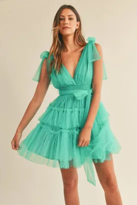 Jade Pearl Stud Mesh Tulle Tiered Mini Dress