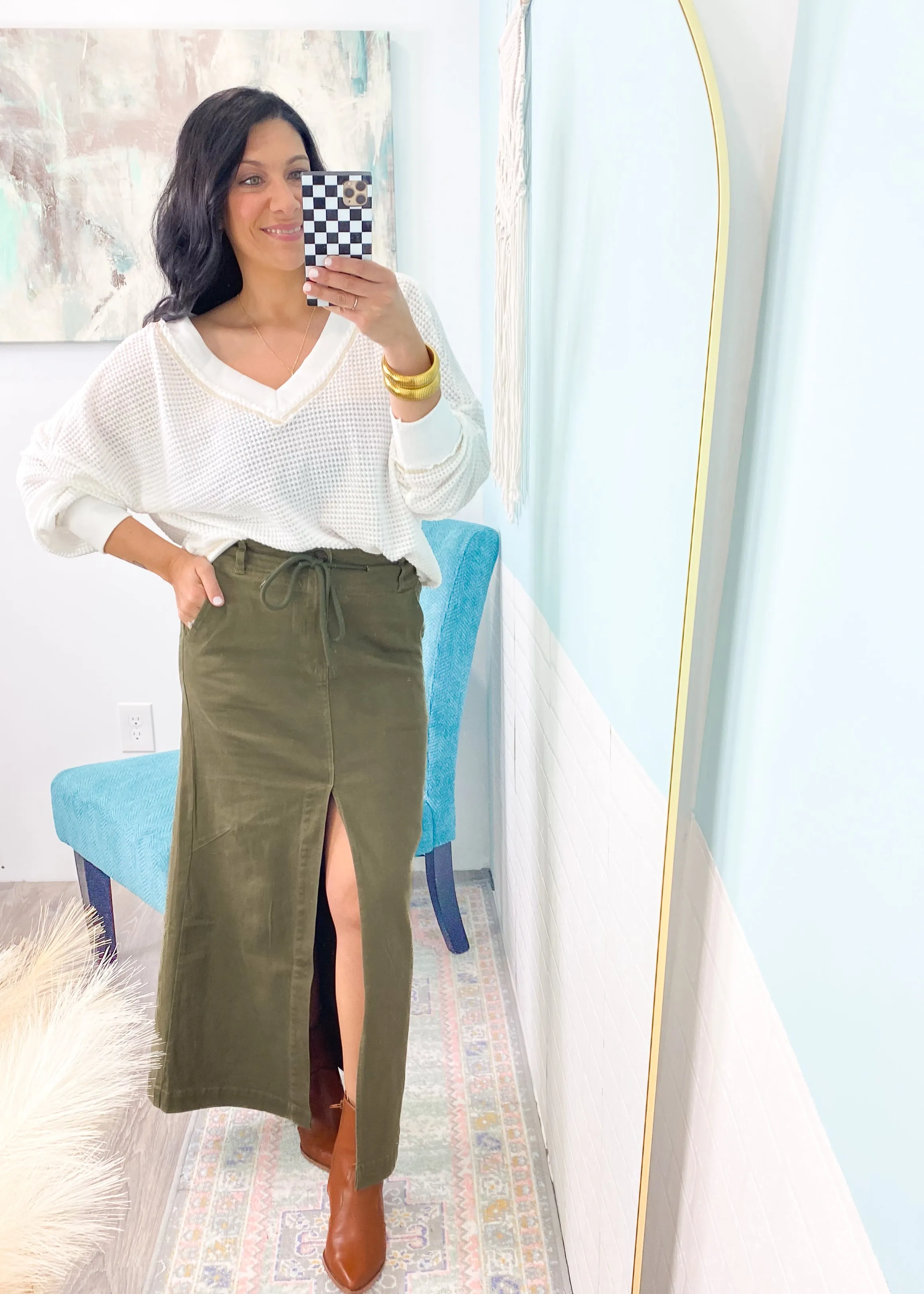 'Just Right' Olive Deep Green Stretch Denim Midi Skirt