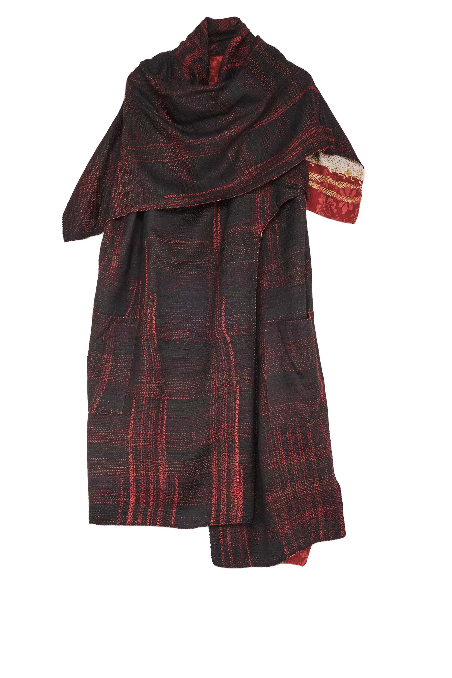 KIMONO PRINT KANTHA COWL NECK DRESS - kp2416-red -