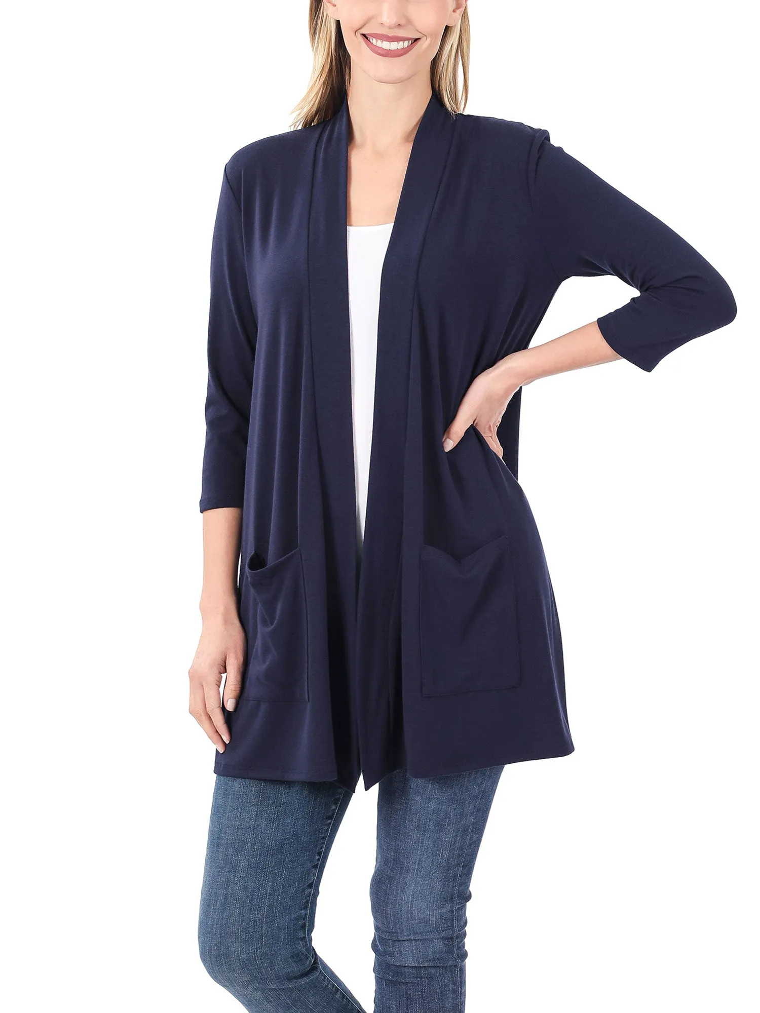 KOGMO Womens 3/4 Sleeve Open Front Cardigan with Pockets