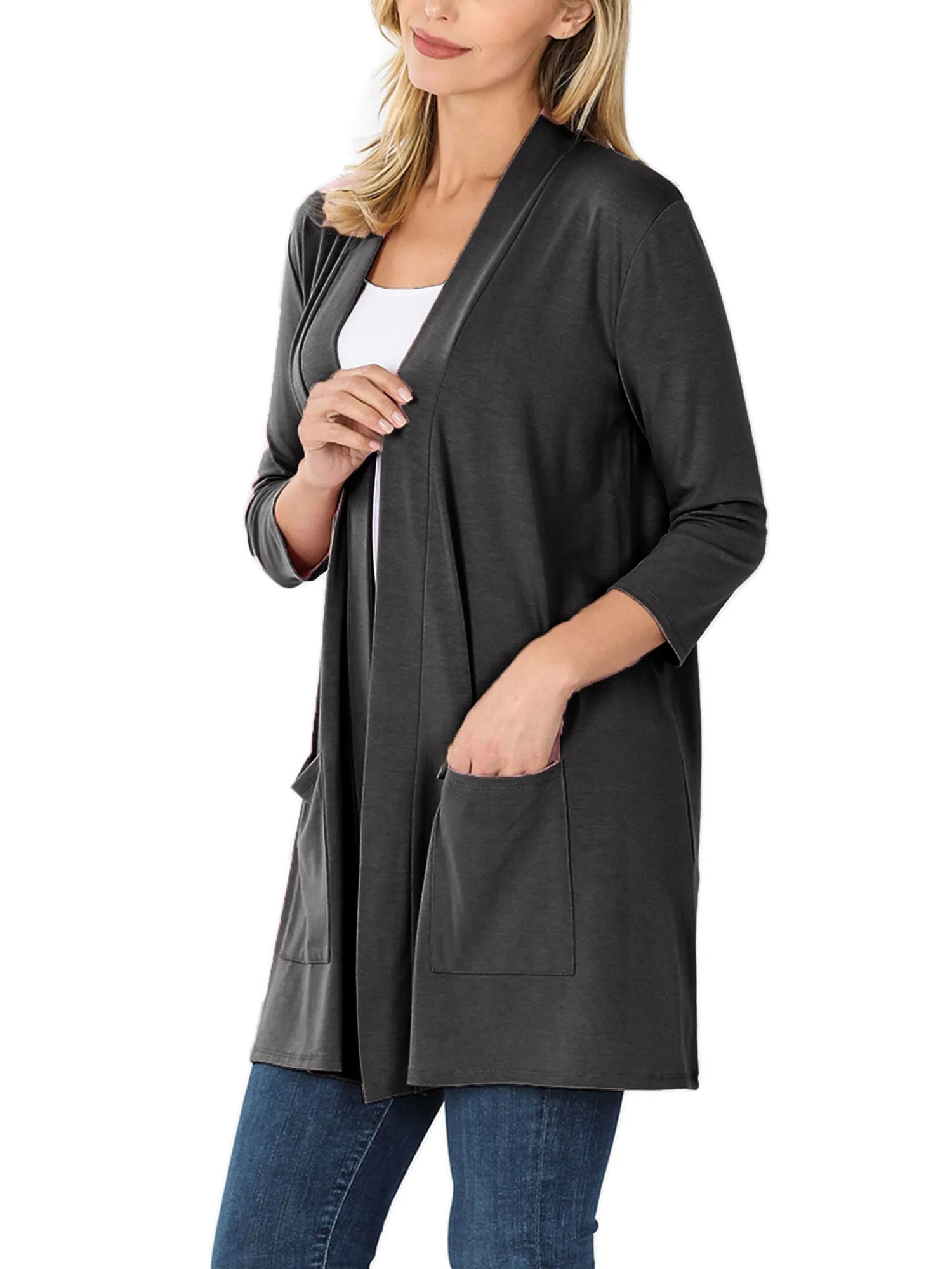 KOGMO Womens 3/4 Sleeve Open Front Cardigan with Pockets