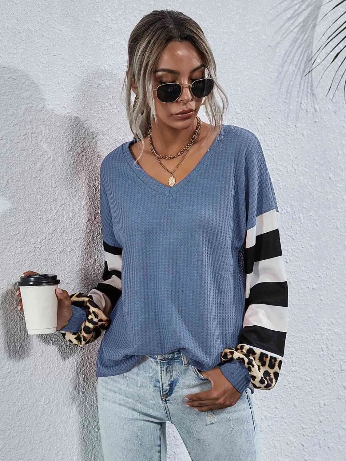 Leopard Striped Waffle-Knit Top