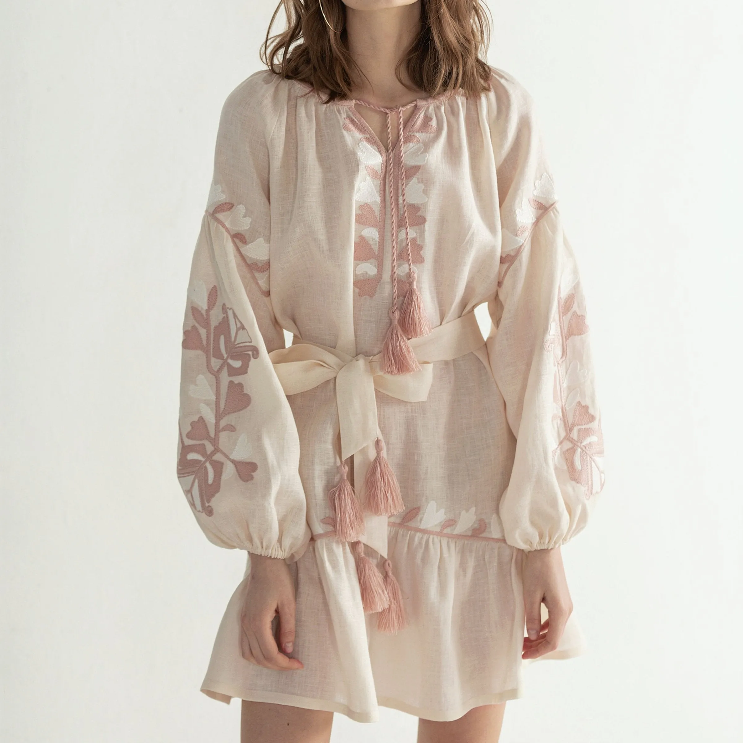 Light linen boho dress with floral embroidery "Jungle Light"