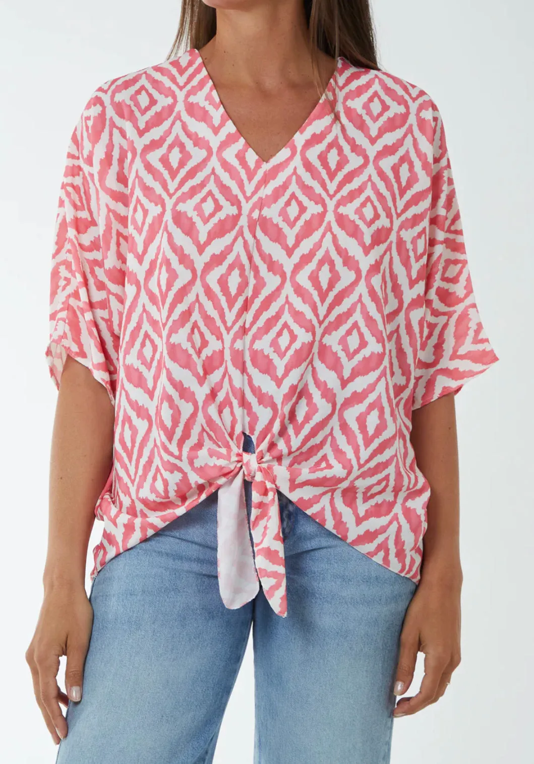 Light Pink Geometric Print Tie Front Top