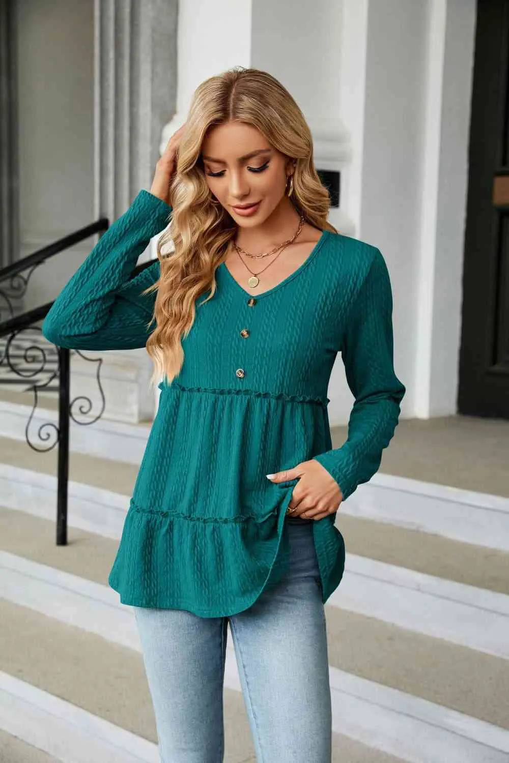 Long Sleeve V-Neck Cable-Knit Blouse