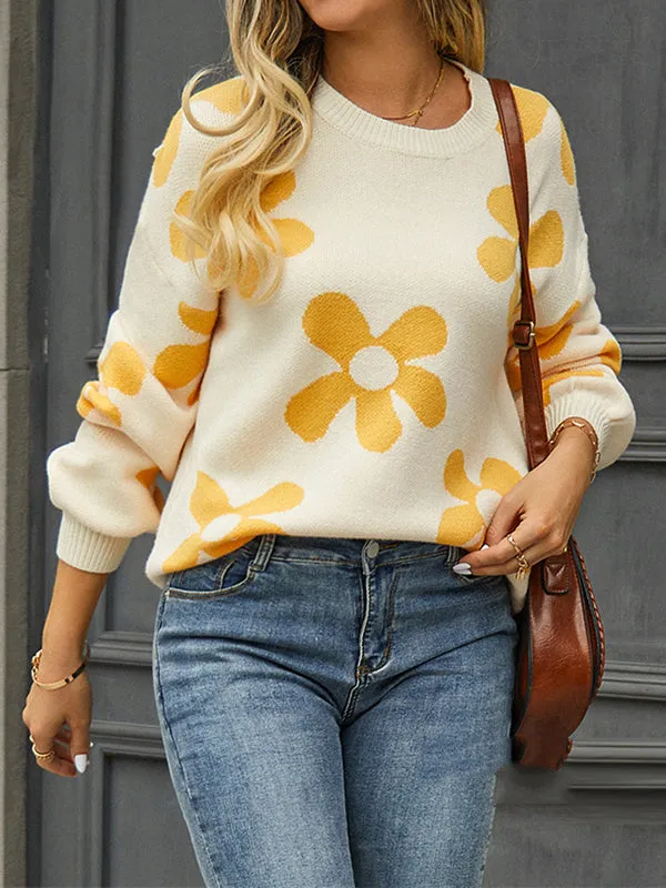 Long Sleeves Loose Knitted Flower Round-Neck Knitwear Pullovers Sweater Tops