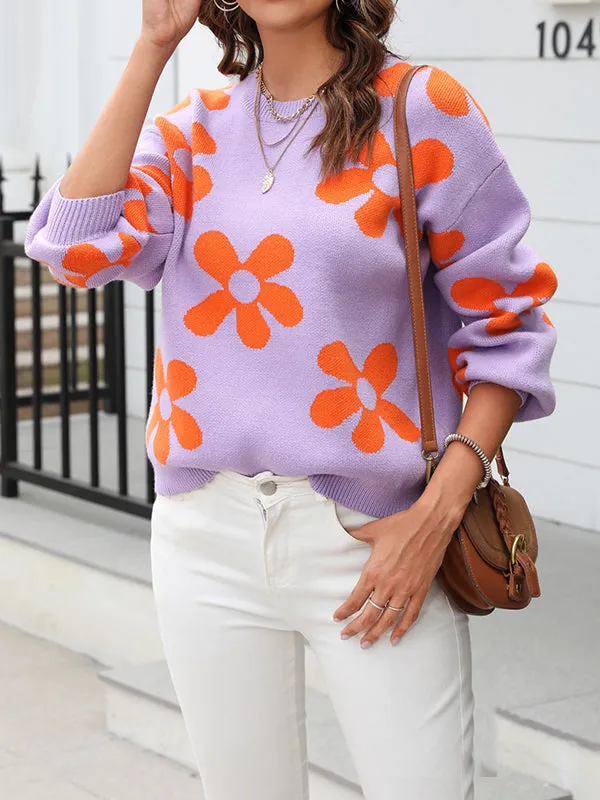 Long Sleeves Loose Knitted Flower Round-Neck Knitwear Pullovers Sweater Tops