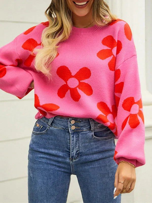 Long Sleeves Loose Knitted Flower Round-Neck Knitwear Pullovers Sweater Tops