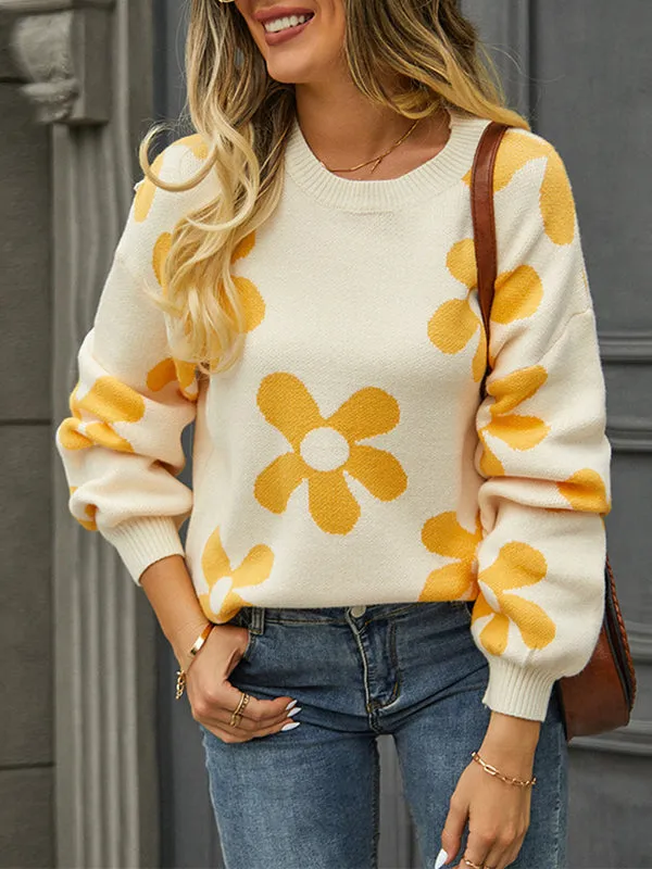 Long Sleeves Loose Knitted Flower Round-Neck Knitwear Pullovers Sweater Tops