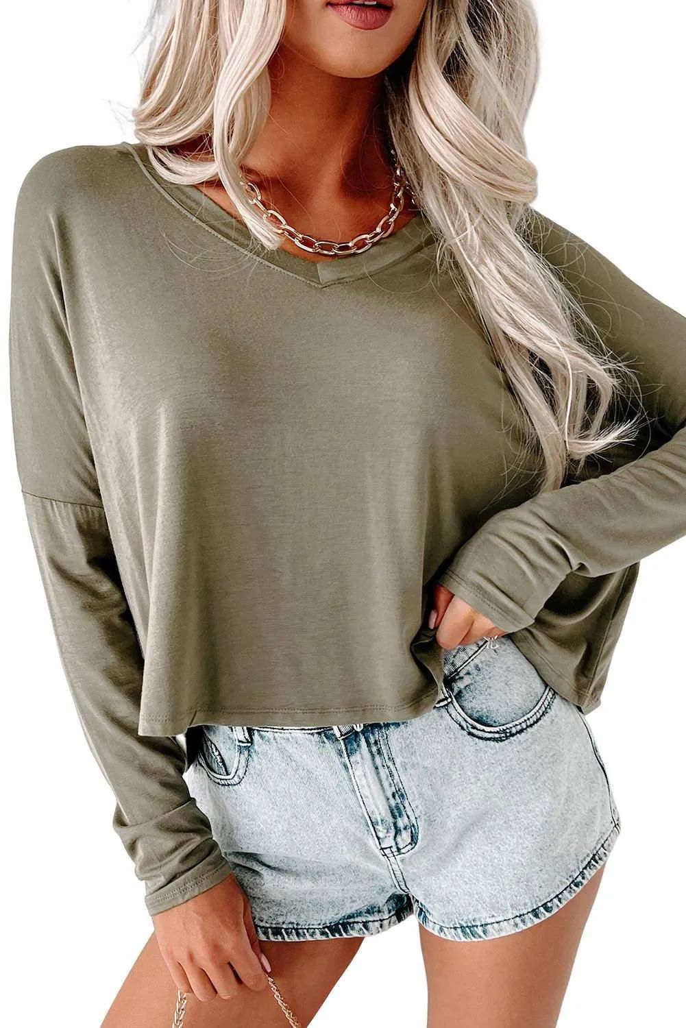 Loose V Neck Dropped Long Sleeve Top - Stylish & Trendy