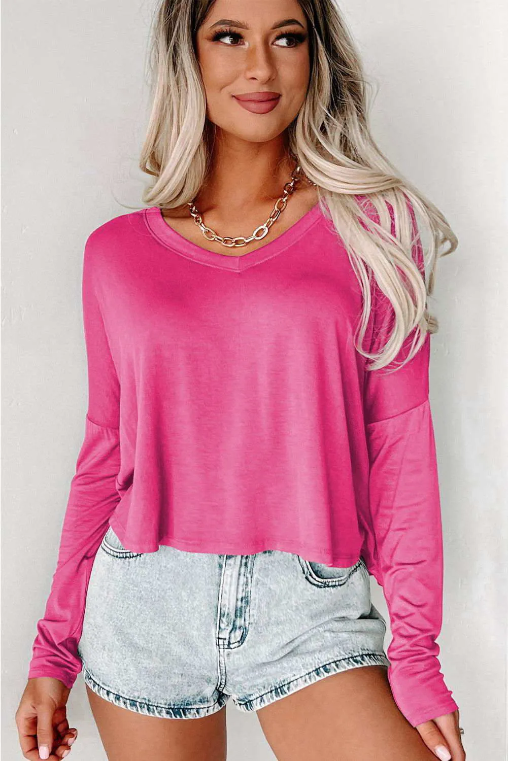 Loose V Neck Dropped Long Sleeve Top - Stylish & Trendy