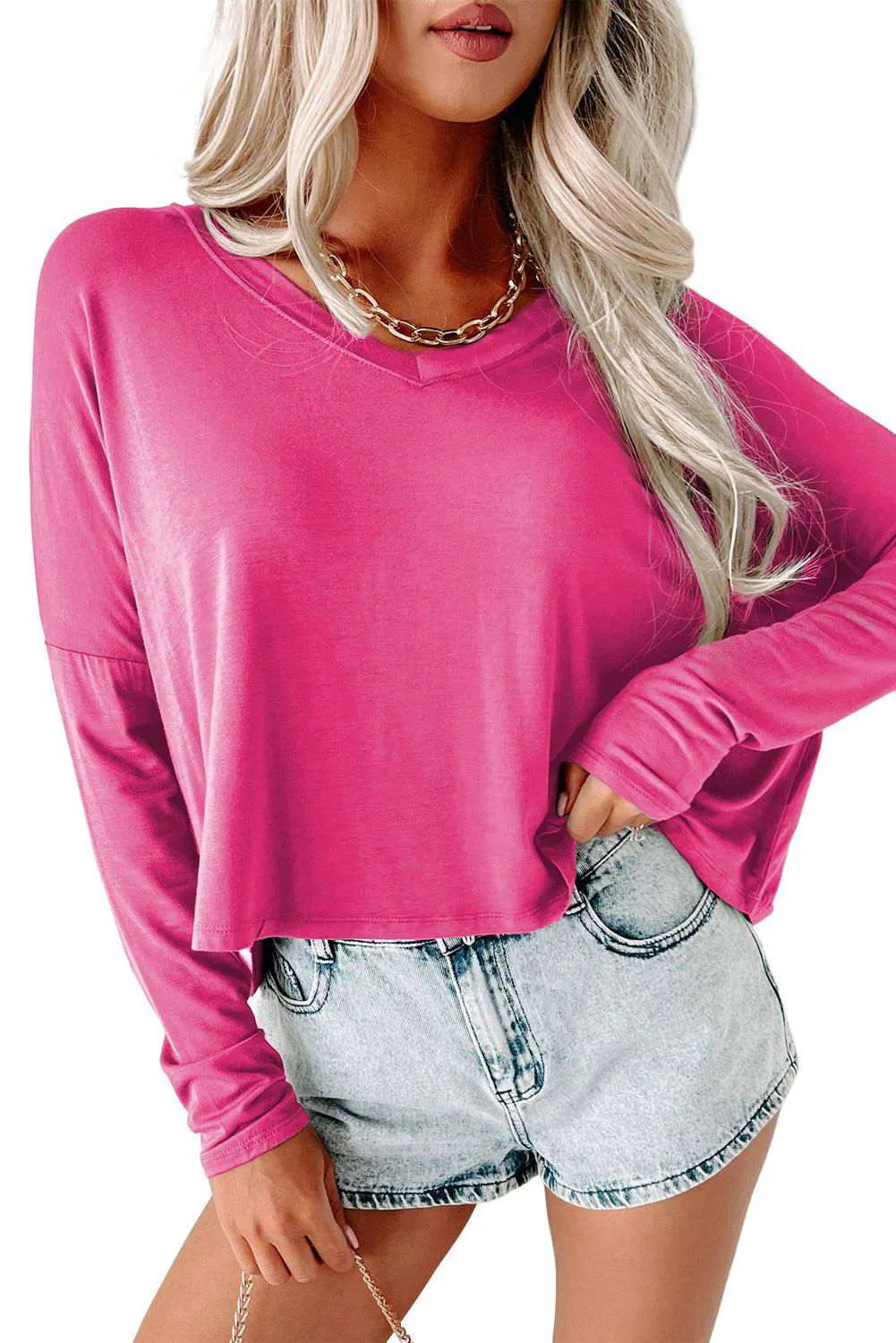 Loose V Neck Dropped Long Sleeve Top - Stylish & Trendy