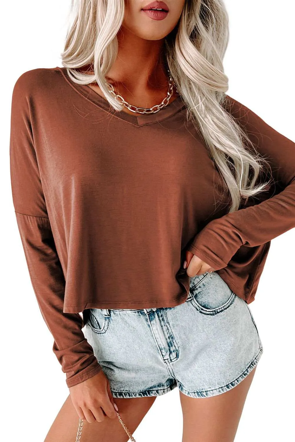 Loose V Neck Dropped Long Sleeve Top - Stylish & Trendy