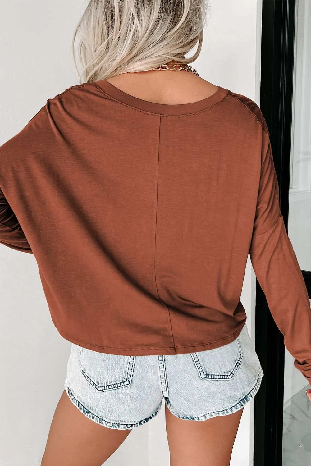 Loose V Neck Dropped Long Sleeve Top - Stylish & Trendy