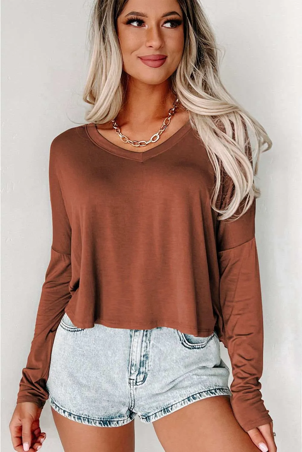 Loose V Neck Dropped Long Sleeve Top - Stylish & Trendy