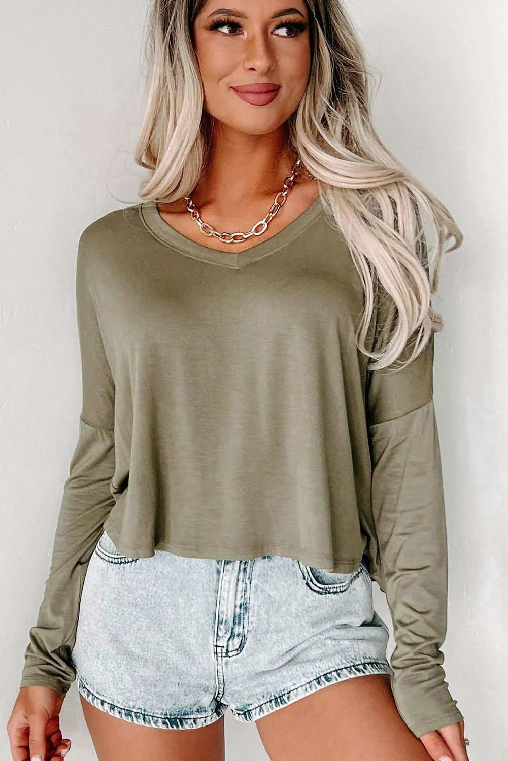 Loose V Neck Dropped Long Sleeve Top - Stylish & Trendy