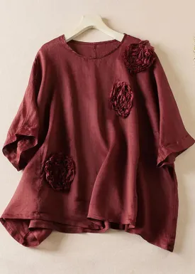 Loose Wine Red O-Neck Rose Floral Linen T Shirt Top Summer LY8313