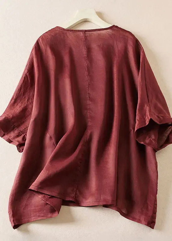 Loose Wine Red O-Neck Rose Floral Linen T Shirt Top Summer LY8313