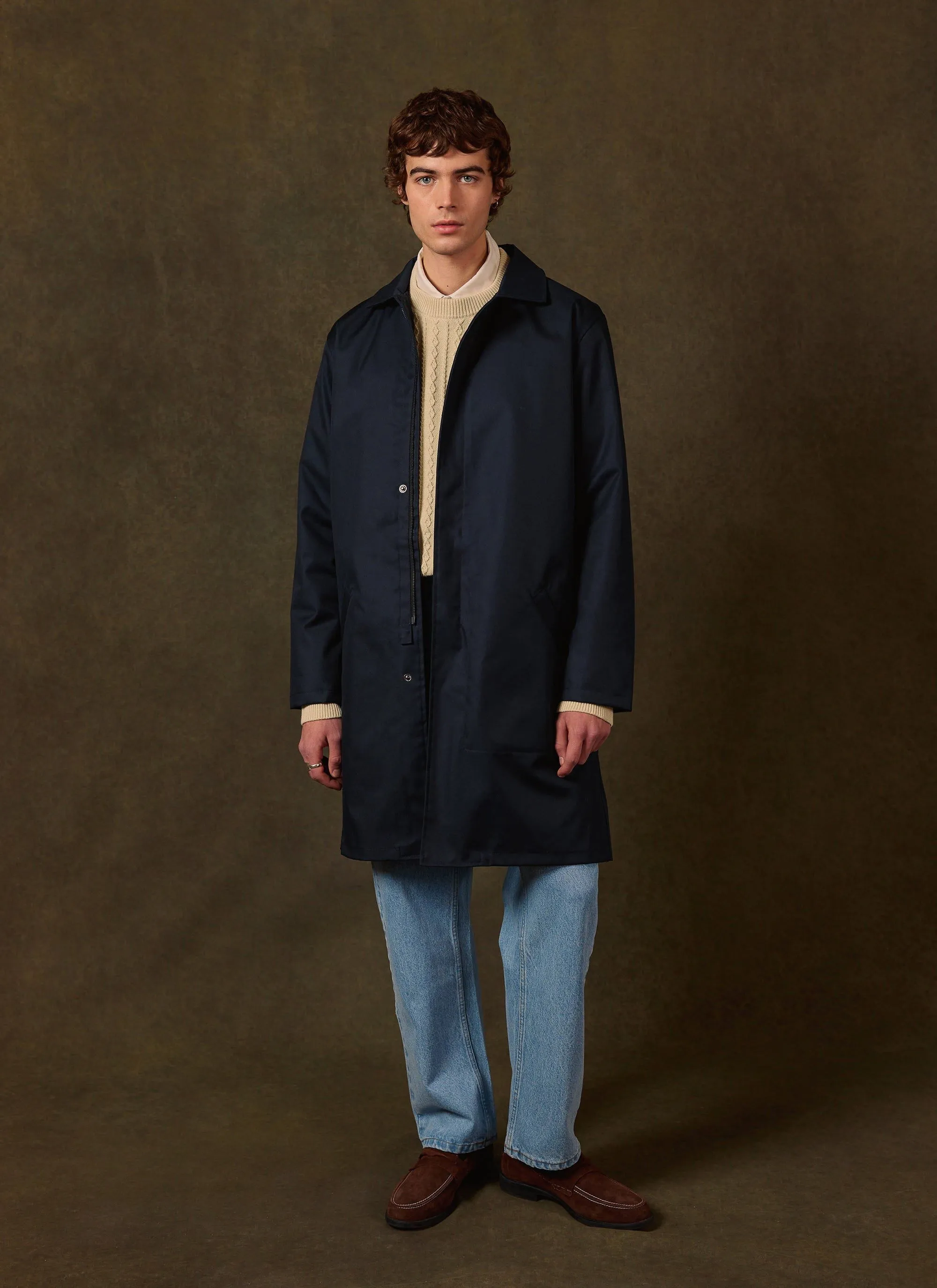 Men's Navy Greyson Long Trench Coat | Waterproof | Midnight with Olive