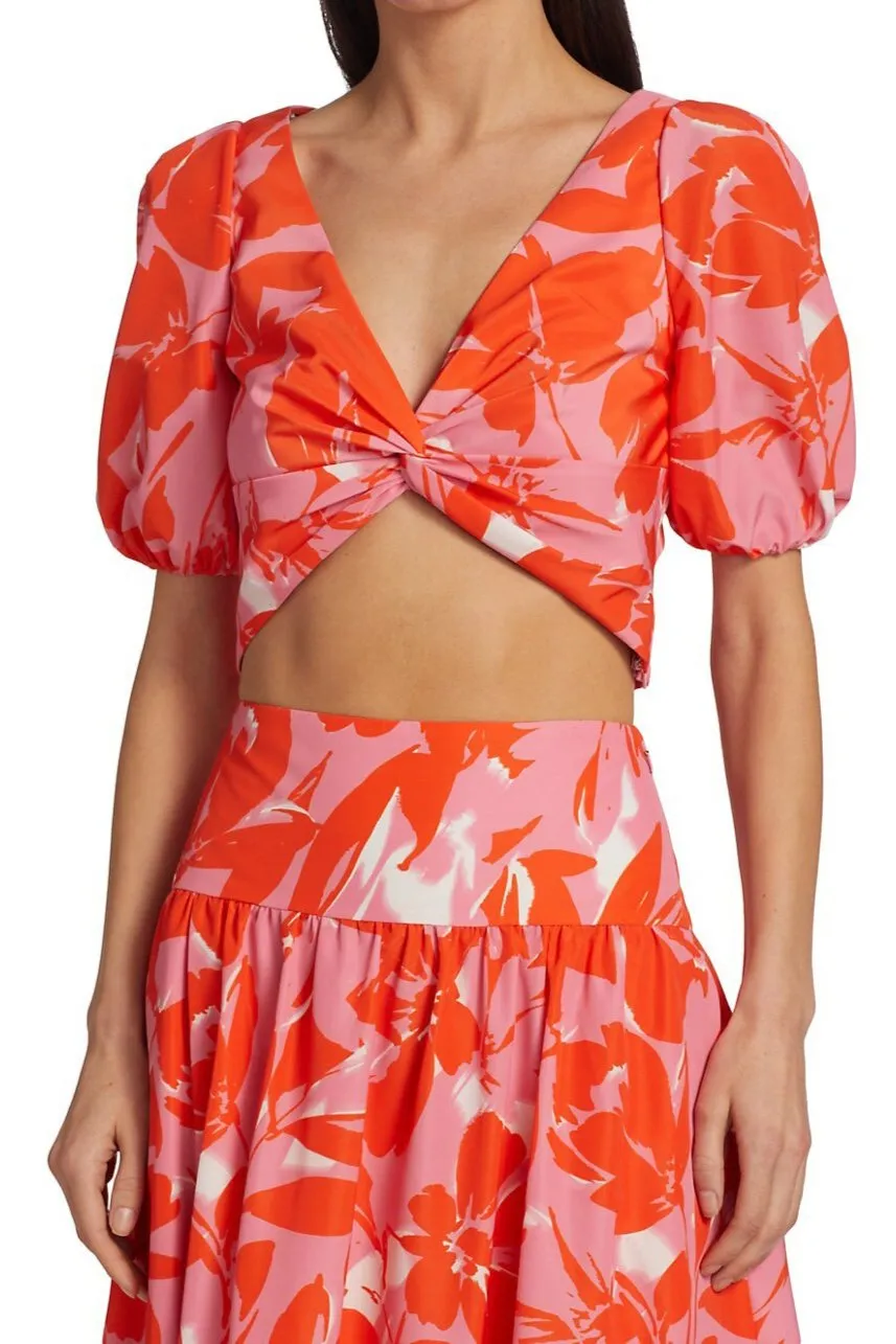 ML Monique Lhuillier V-Neck Short Sleeve Twisted Front Printed Taffeta Crop Top