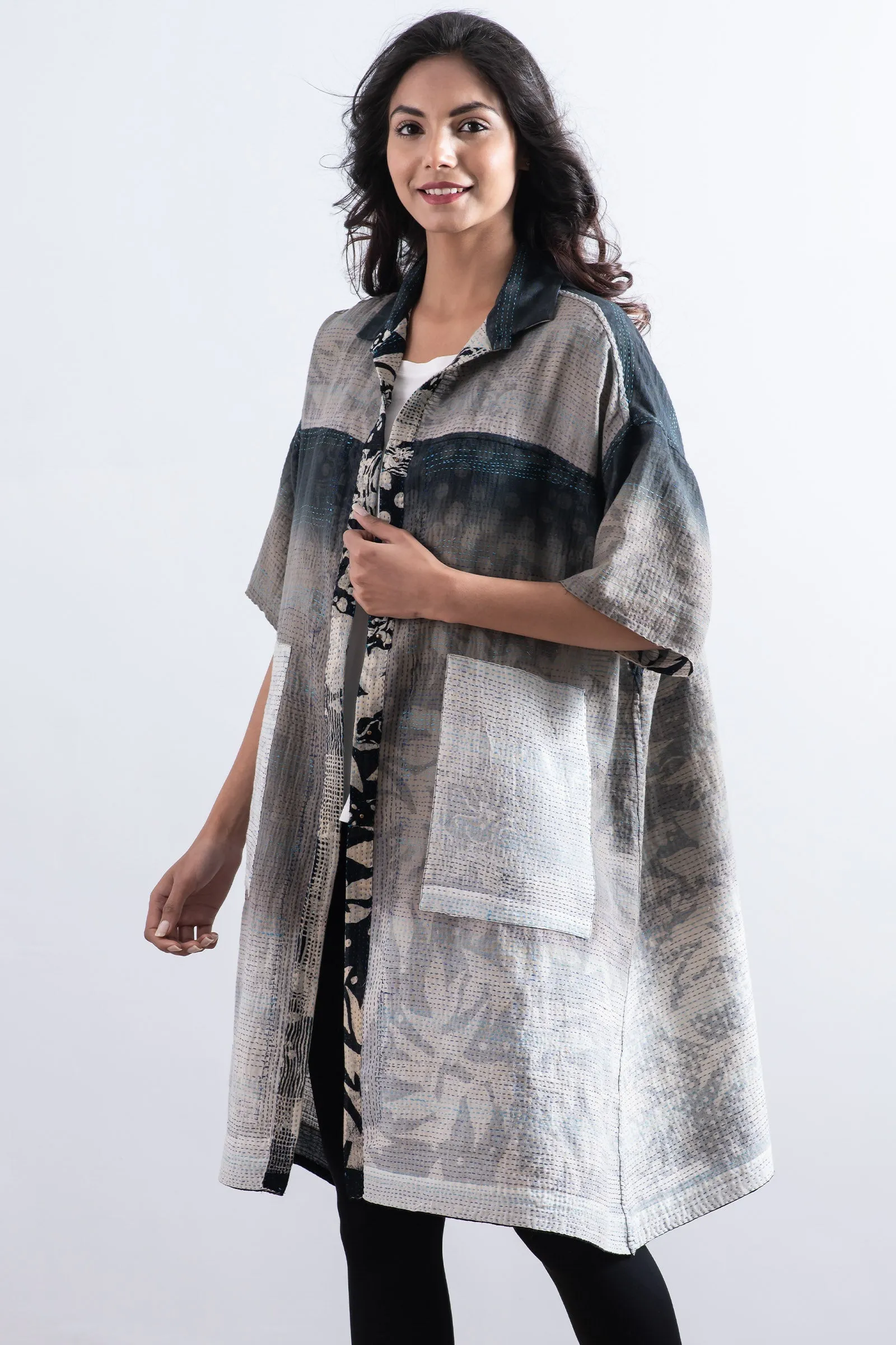 MONOTONE TWILIGHT PRINT KANTHA HALF SLV. SHIRT DRESS - tp2429-blk -