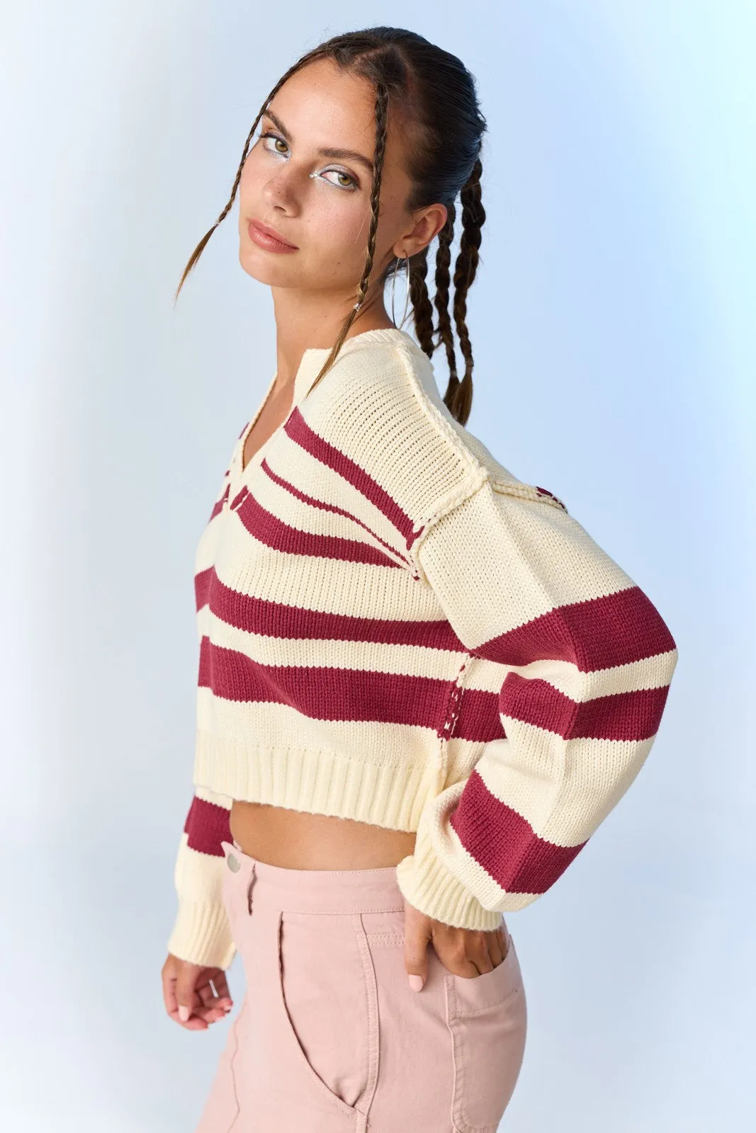 Nancy V-Neck Striped Sweater Top