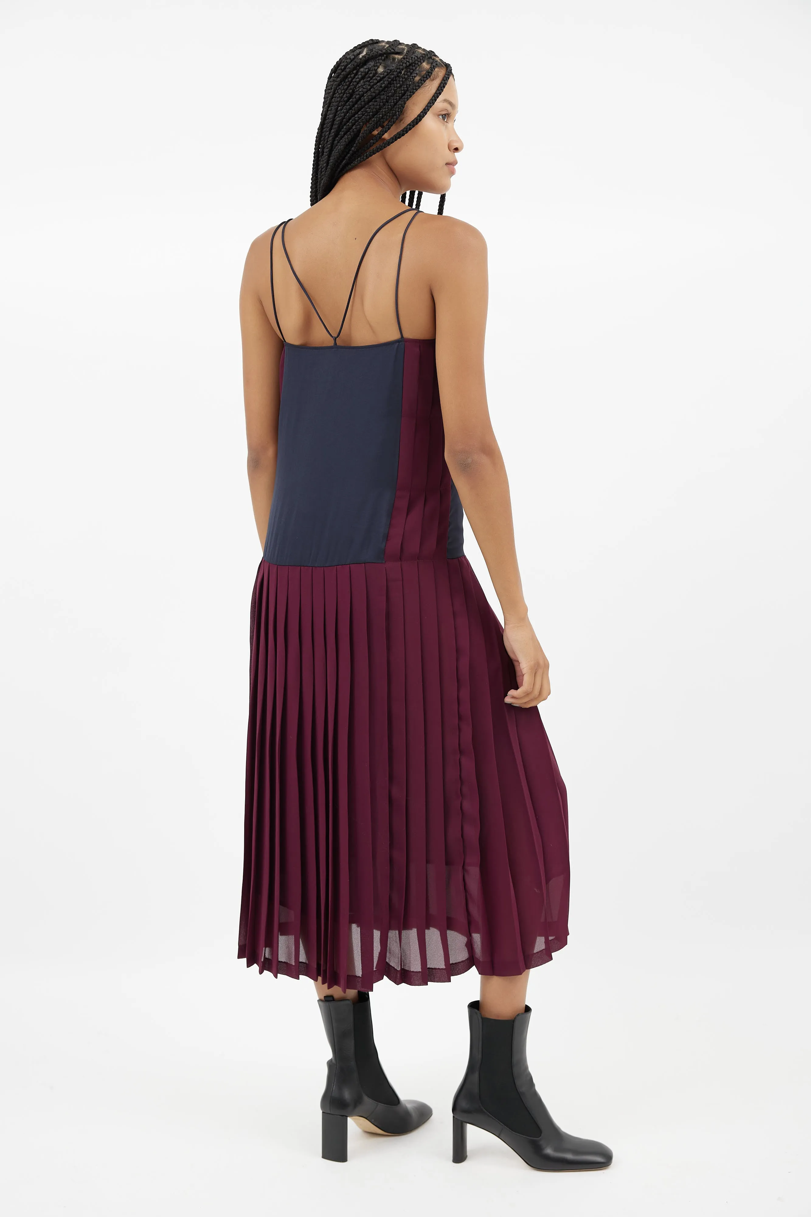 Navy & Burgundy Pleated Dress