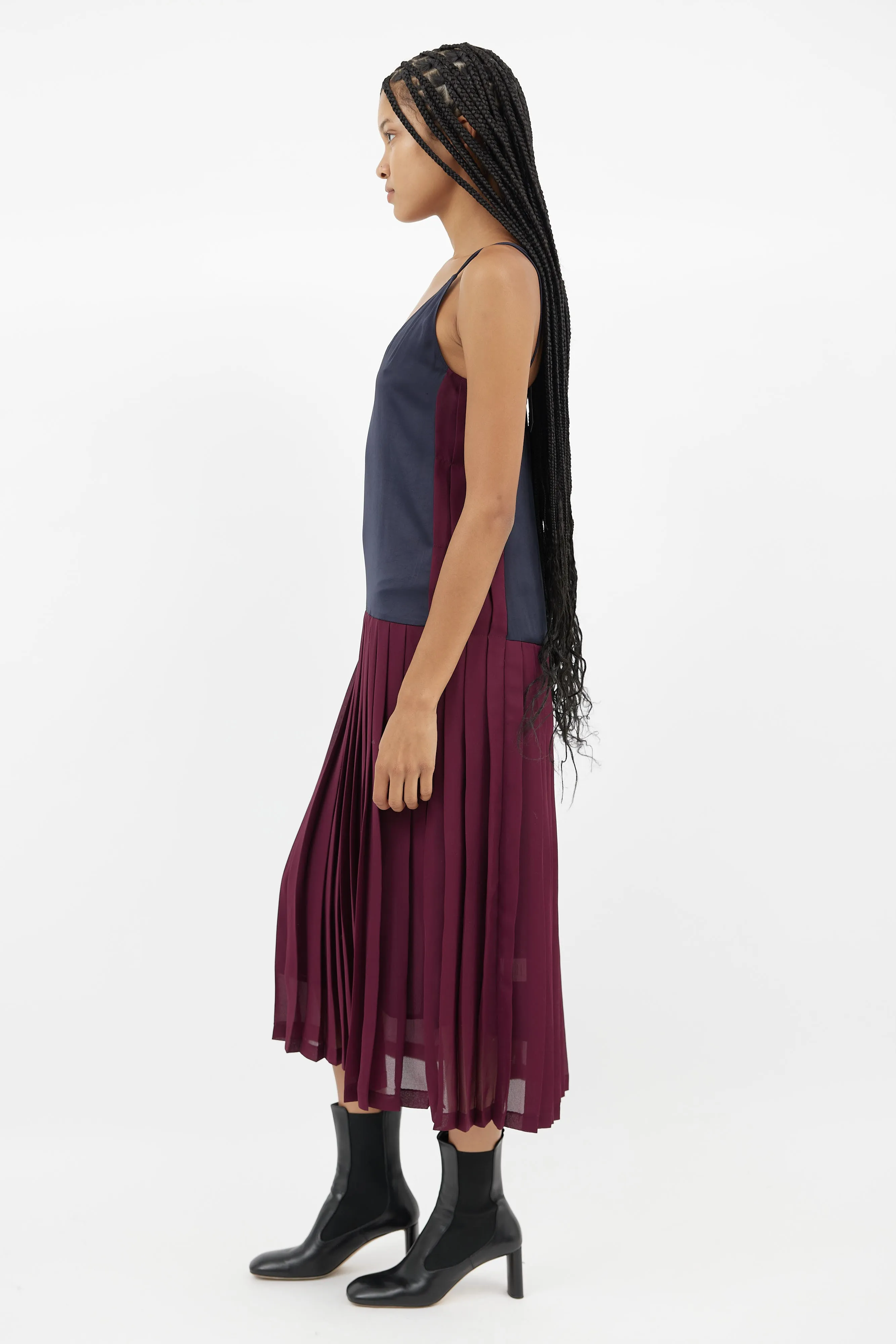 Navy & Burgundy Pleated Dress