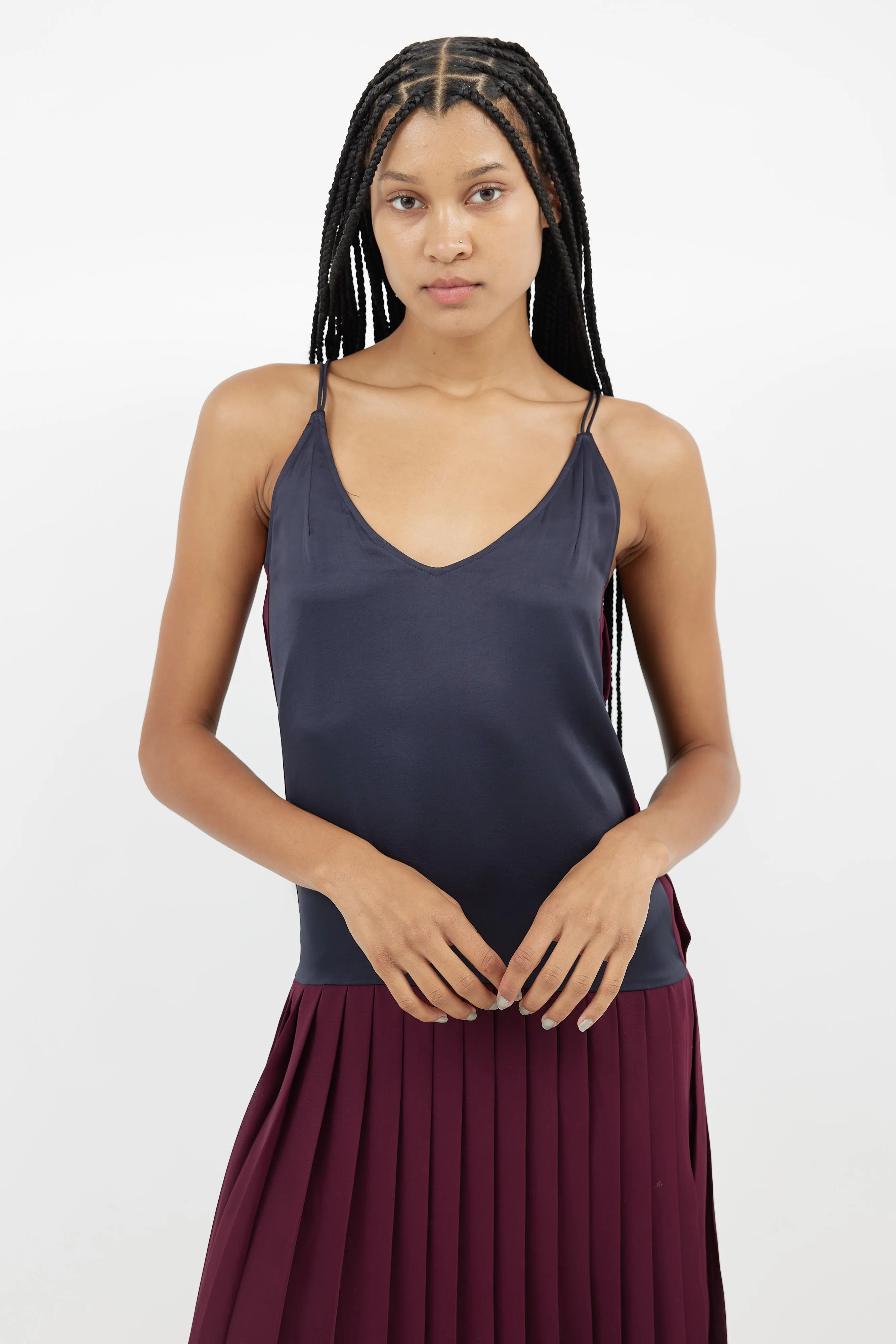 Navy & Burgundy Pleated Dress