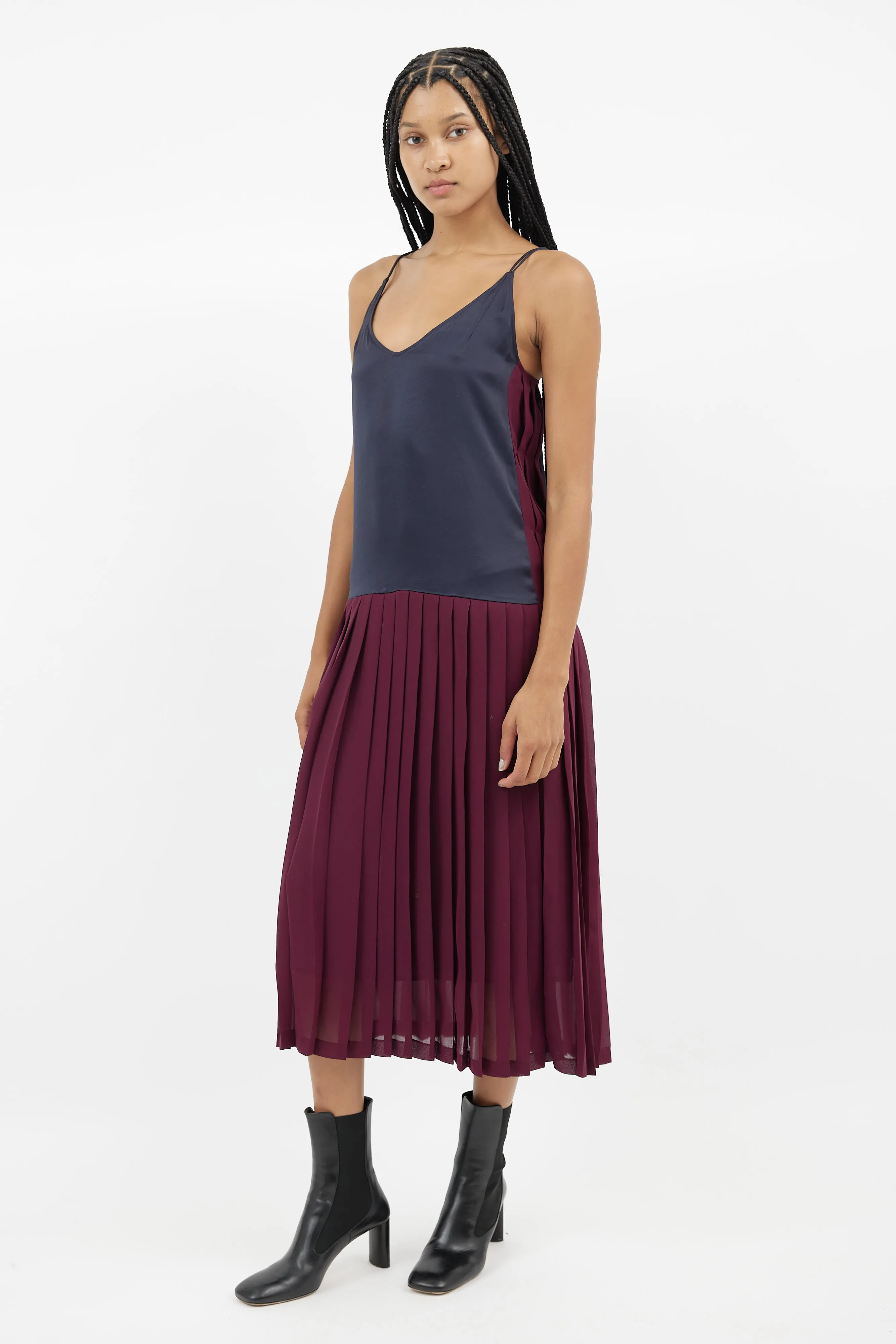 Navy & Burgundy Pleated Dress