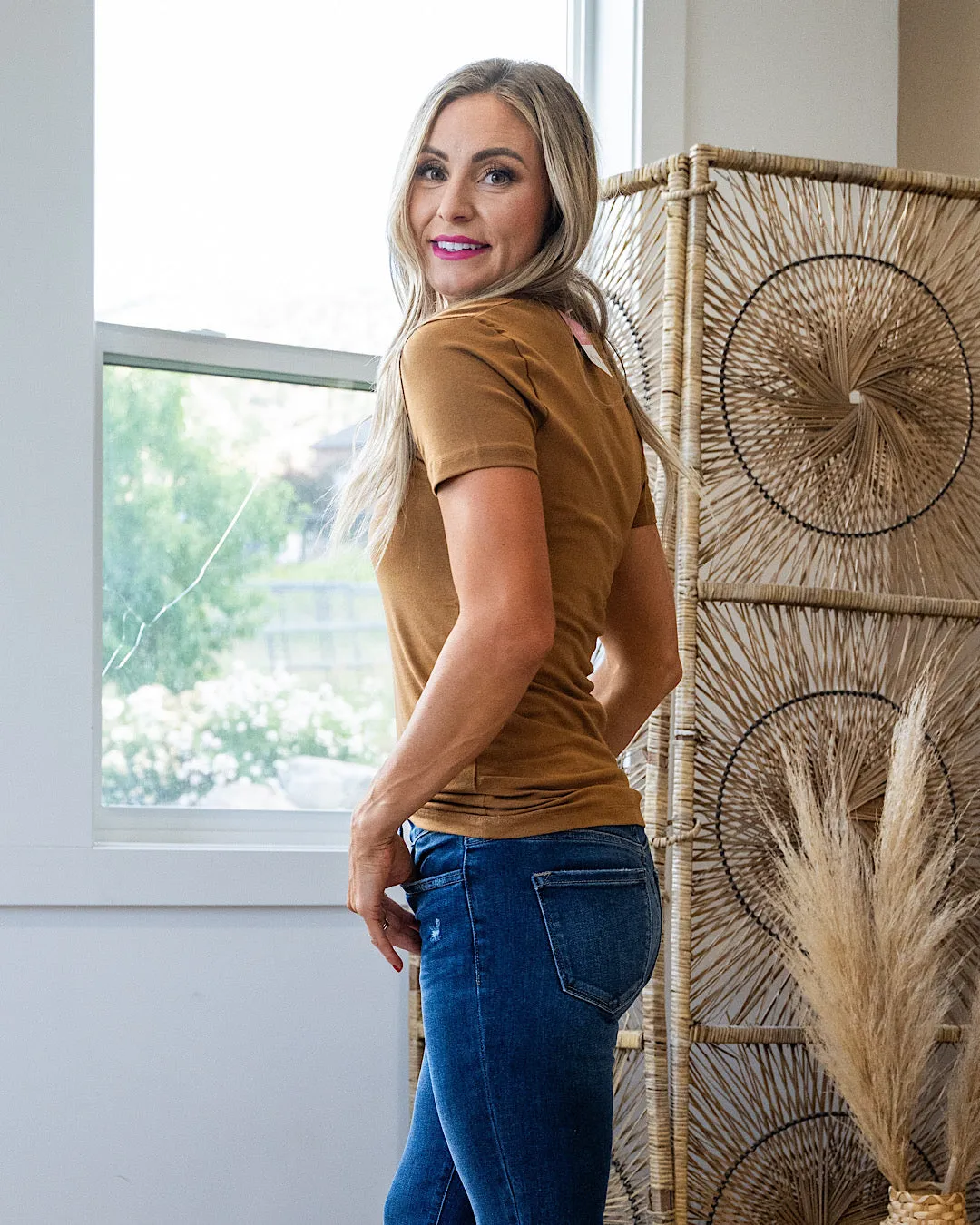 NEW! Essential V Neck Top - Deep Camel