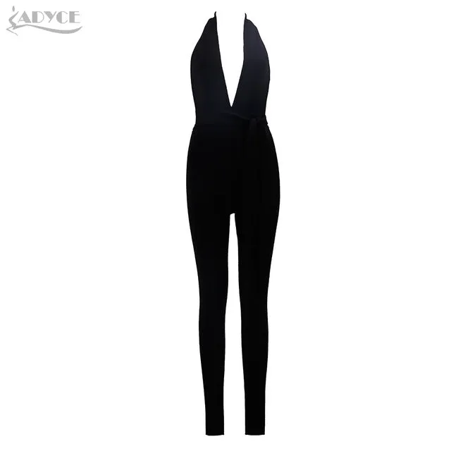 New Jumpsuit Romper Women Black Halter Sexy Deep V-Neck Backless Sashes Bodysuit