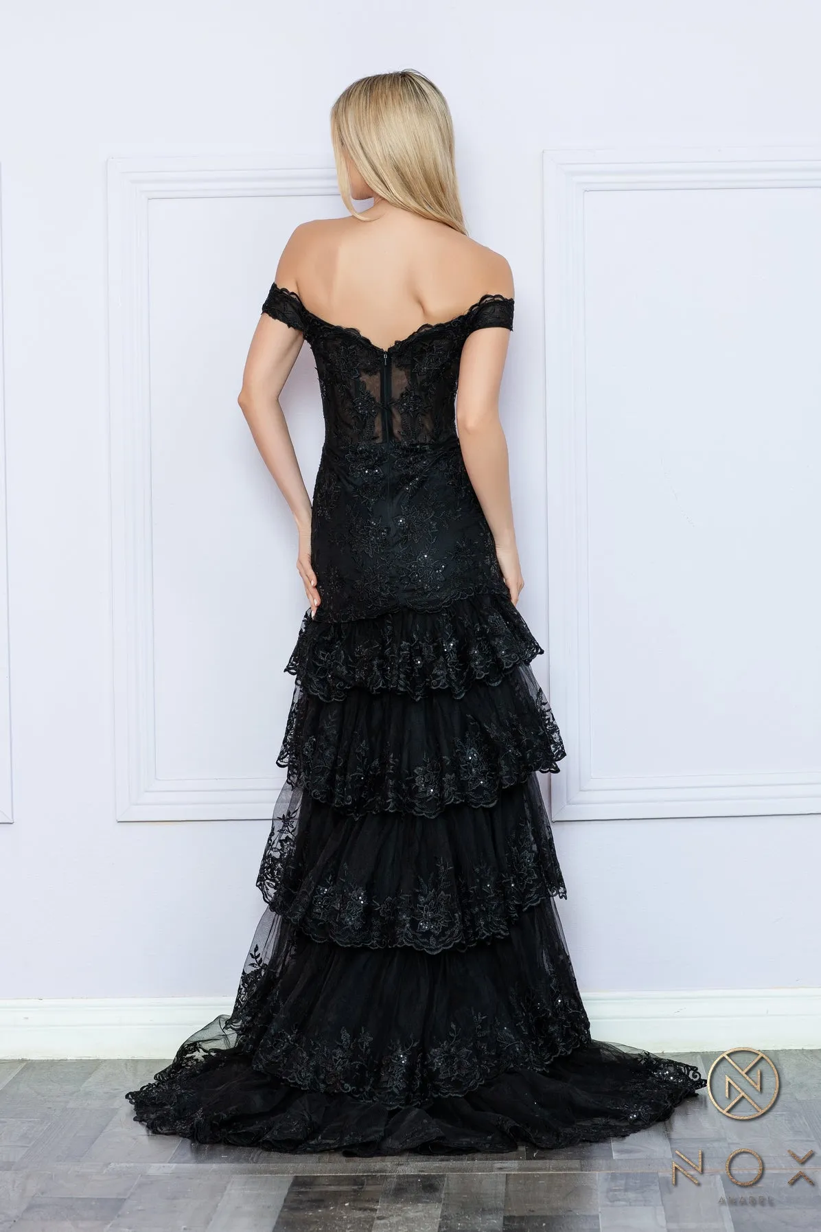 Nox Anabel R1301 Ruffle Sequin Slit Prom Dress Sheer Lace corset off the shoulder gown