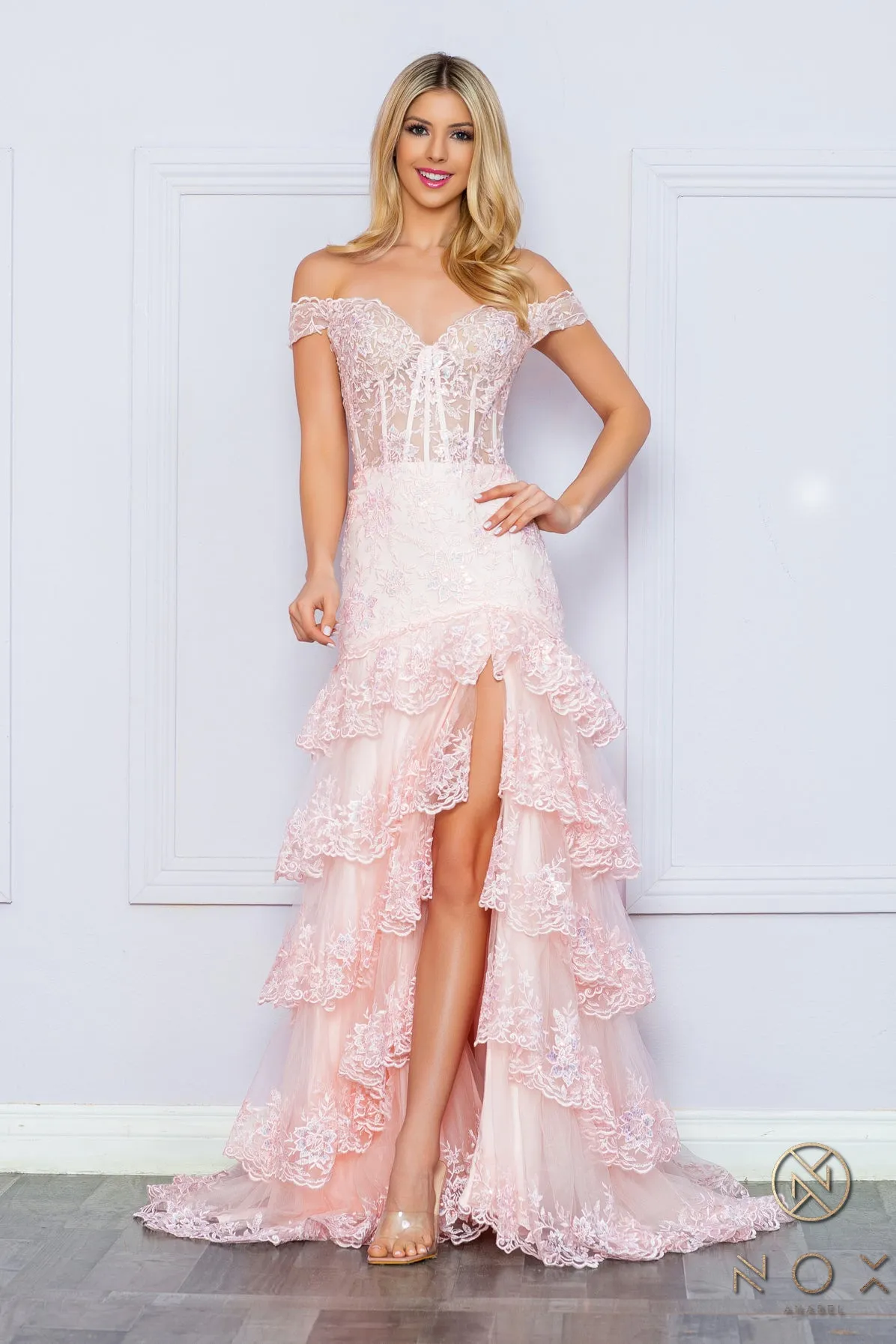 Nox Anabel R1301 Ruffle Sequin Slit Prom Dress Sheer Lace corset off the shoulder gown